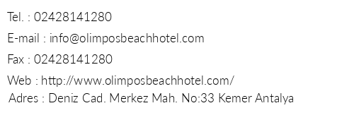 Olimpos Beach Otel telefon numaralar, faks, e-mail, posta adresi ve iletiim bilgileri